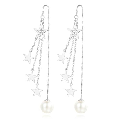 925 Sterling Silver Dangle Earrings with Charms Heart, Water drop, Moon, Star Long Drop Earring for Women Jewelry Gifts Hypoallergenic - color: star pearl-white