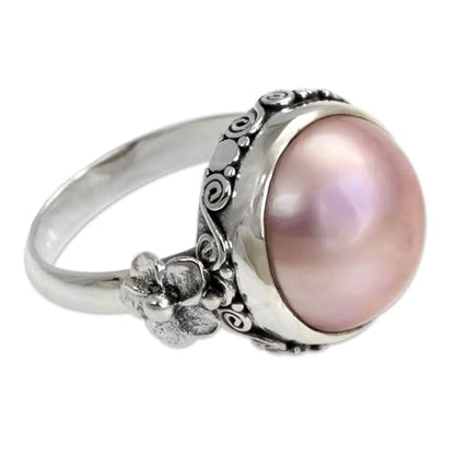 NOVICA Artisan Handmade Pearl Flower Ring Floral Sterling Silver Cocktail Pink Indonesia Birthstone [crownbezel 0.4 in H x 0.6 in Diam. Band Width 3 mm W] 'Love Moon'