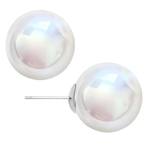 White Faux Pearl Stud Earrings, S925 Silver Posts Hypoallergenic for Women - color: Pinkish White, size: 12mm