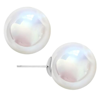 White Faux Pearl Stud Earrings, S925 Silver Posts Hypoallergenic for Women - color: Pinkish White, size: 12mm