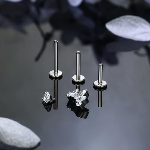 Titanium Flat Back Lip Rings Internally Threaded Earrings Studs Nose Rings 16G Opal CZ Tragus Cartilage Lobe Rook Helix Conch Labret Medusa Piercing Jewelry for Women Men W Piercing Taper Set - style: Five CZ