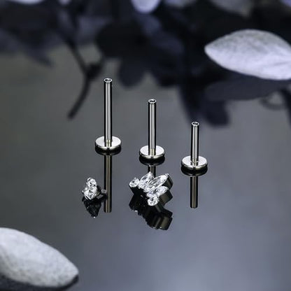 Titanium Flat Back Lip Rings Internally Threaded Earrings Studs Nose Rings 16G Opal CZ Tragus Cartilage Lobe Rook Helix Conch Labret Medusa Piercing Jewelry for Women Men W Piercing Taper Set - style: Five CZ