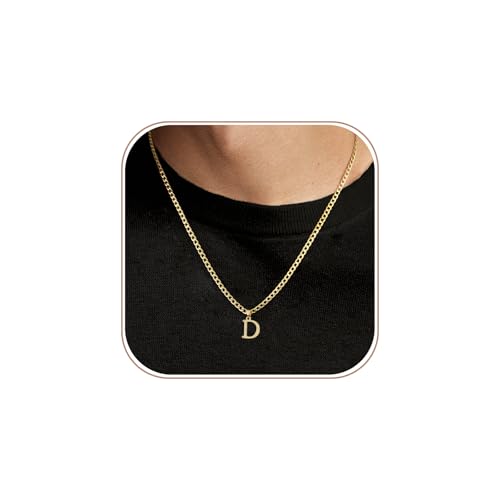 Gold Plated Initial Necklace for Men Letter Pendant Cuban Link Chain | Stainless Steel 4mm 20 Inch Chain Non Tarnish 14K A-Z Capital Name Charm Custom Jewelry Gift - color: D