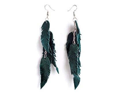 Leather Feather Earrings, Suede layered earrings, boho wedding jewelry, summer earrings, gift for her, dangle earrings - color: Dark green