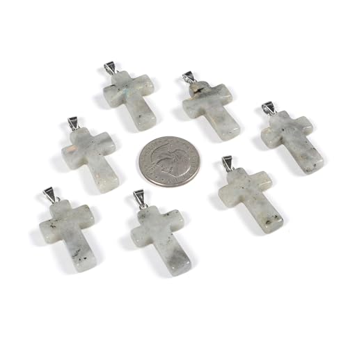 Justinstones 32mm Gemstone Carved Cross Reiki Chakra Pendant With Stainless Steel Necklace 22 Inch - color: Labradorite
