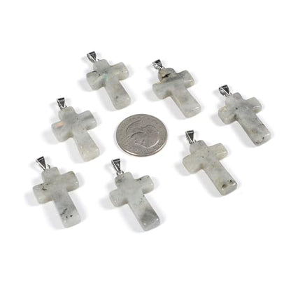 Justinstones 32mm Gemstone Carved Cross Reiki Chakra Pendant With Stainless Steel Necklace 22 Inch - color: Labradorite