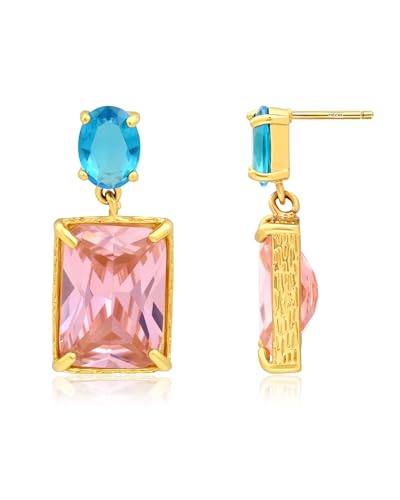 14K Gold Plated Pink Crystal Stud Square Stone Drop Dangle Geometric Earrings for Women Vacation Jewelry - color: Pink＆Blue