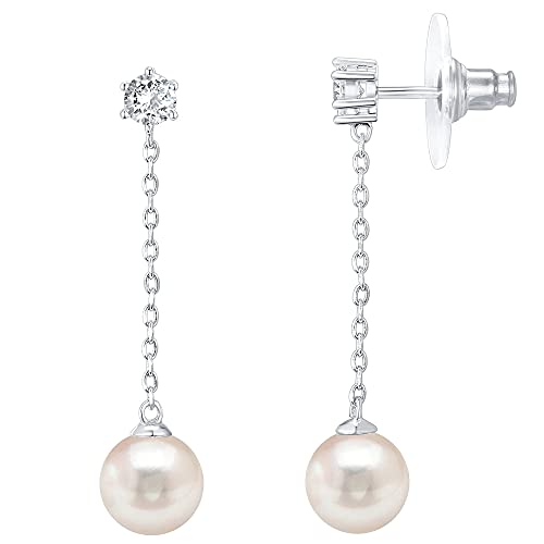 PAVOI 14K Gold Plated 925 Sterling Silver Posts Pearl Dangle Drop Earrings | Bridal Pearl Earrings for Women - style: Single Pearl