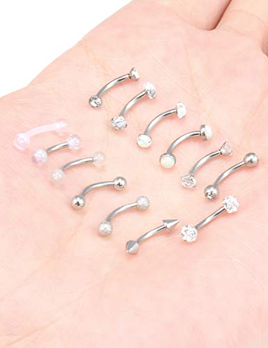 Jenxnjsjo 16g 6/8/10mm Eyebrow/Rook/Snug/Vertical-Labret/VCH/Snake-Eyes/Anti-Tragus/Christina/Daith/Belly-Button/Bridge/Hood/Surface Curved Barbell Piercing Jewelry for Women Men - color: 13PCS, Surgical-Steel, size: 8mm