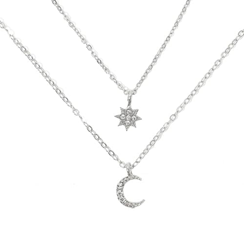 Silver Layered Star Moon Choker Necklaces for Women, Funky Rhinestone Moon Necklace Stars Choker Stacked Necklaces Jewelry