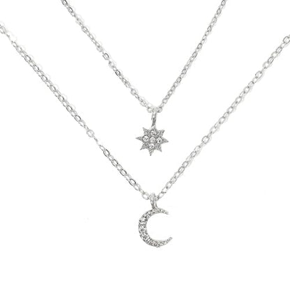 Silver Layered Star Moon Choker Necklaces for Women, Funky Rhinestone Moon Necklace Stars Choker Stacked Necklaces Jewelry