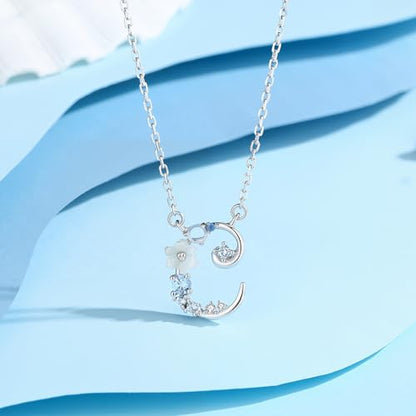 VIKI LYNN Initial Necklace for Women 925 Sterling Silver Initial A to Z Letter Pendant Necklace with Blue Flower Cubic Zirconia Birthday Engagement Gift for Women,Mom, Couple - style: Letter C