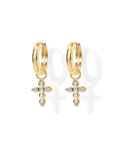 PAVOI 14K Gold Plated S925 Sterling Silver Post Lightweight Drop Dangle Huggie Hoop Earrings for Women | Star, Lock, Pearl, Cross, Lightening, Coin | Dainty Earrings - style: Cross
