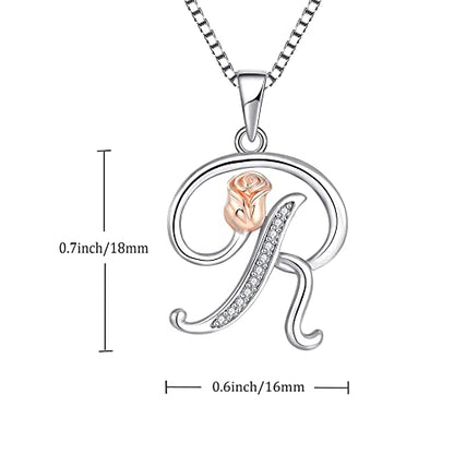 STARCHENIE Initial Necklace for Women Sterling Silver Letters 26 Alphabet Pendant Rose Flower Jewelry Gifts for Family Sisters Friend - color: R
