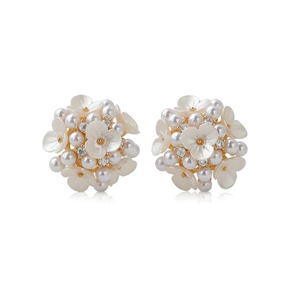 Clip-On Earrings for Womem Flower Faux Pearl Non Piercing Earrings Jewelry - color: Pearl and Flower Cluster