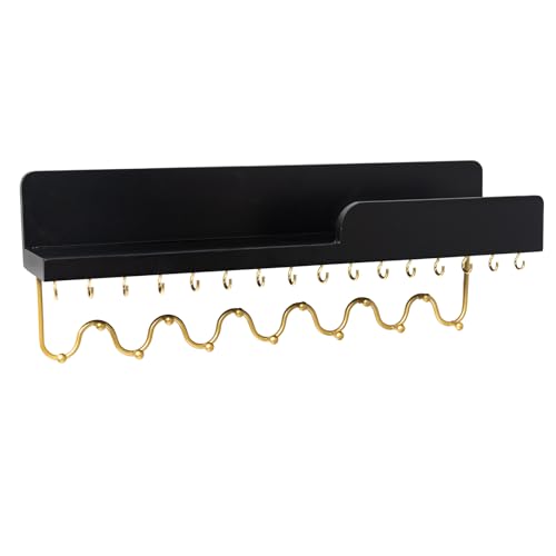 Hanging Jewelry Organizer with 29 Hooks and Cosmetics Shelf, Modern Wood Wall Mounted Jewelry Holder for Necklaces, Bracelets, Earrings and Rings, Black - color: Black
