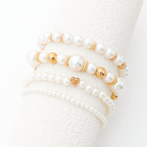 4Pcs Pearl Beaded Bracelet Set, Stackable Elastic Bracelets with Gold Heart, Elegant Faux Pearl Jewelry Gifts for Women