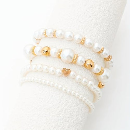 4Pcs Pearl Beaded Bracelet Set, Stackable Elastic Bracelets with Gold Heart, Elegant Faux Pearl Jewelry Gifts for Women