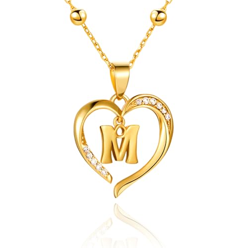 Cicy Bell Womens Heart Initial Necklace 18k Gold Plated | Personalized Letter Pendant, 17.7'' with 2'' Extender - color: Style 2-M-Gold