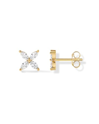 PAVOI 14K Gold Plated Dainty Stud Earrings for Women, CZ Earring Piercing | Hypoallergenic Earrings with 925 Sterling Silver Posts, Bolt, Moon, Star & Flower Celestial Studs with Cubic Zirconia - style: Flower