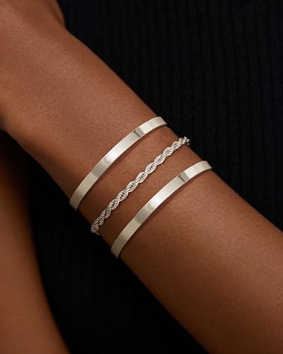 14K Gold Plated Stackable Bangle Bracelets for Women | Dainty Cuff Bracelets, Stackable for Women, Waterproof Bracelet Stack, Gold Jewelry Gifts Trendy Adjustable Accessories - color: 3-layer-A-Silver