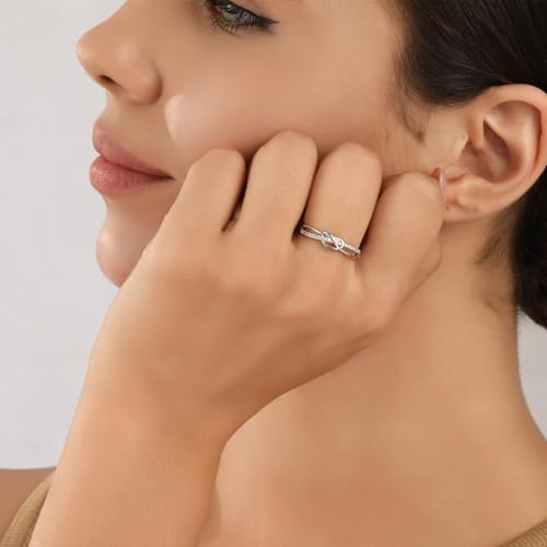 OOOPEL Sterling Silver Adjustable Ring S925 Silver Rings for Women Cubic Zirconia Twist Love Knot Dainty Ring Silver Minimalist Open Finger Rings Silver Thumb Sterling Silver Ring - color: Love Knot with card
