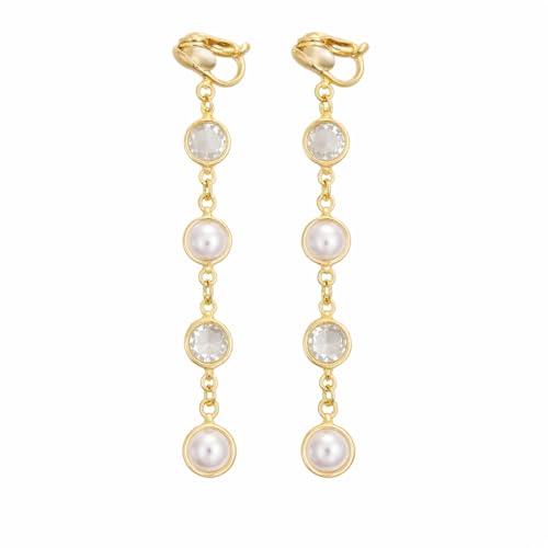18K Gold Plated Clip On Pearl and CZ Crystal Dangle Earrings for Women, Long Drop Earrings with Round Faux Pearl and Clear Faceted Stone Links, Non Pierced Lightweight Statement Jewelry