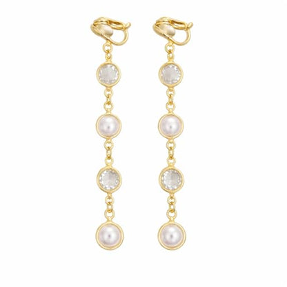 18K Gold Plated Clip On Pearl and CZ Crystal Dangle Earrings for Women, Long Drop Earrings with Round Faux Pearl and Clear Faceted Stone Links, Non Pierced Lightweight Statement Jewelry