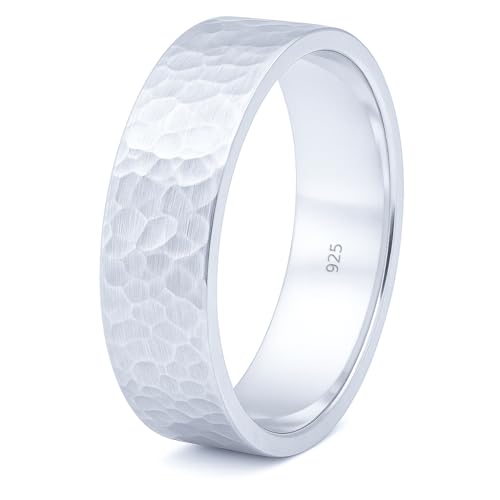 925 Sterling Silver Wedding Ring Hammered Flat Pipe Cut Textured Thick & Durable Handmade Unisex Mens & Women Rustic Engagement Promise Band - US Size 4-13 - Custom Engraving - color: 01 - 6mm Silver