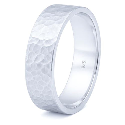 925 Sterling Silver Wedding Ring Hammered Flat Pipe Cut Textured Thick & Durable Handmade Unisex Mens & Women Rustic Engagement Promise Band - US Size 4-13 - Custom Engraving - color: 01 - 6mm Silver
