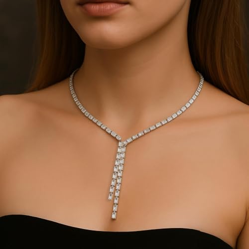 STONEFANS Long Tennis Necklaces for Women - Dainty Silver Lariat Necklace Rhinestone Y Shaped Drop Necklace Cute Choker Necklaces for Women Trendy Silver Prom Jewelry Gifts - color: Silver-Gem