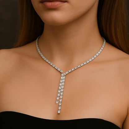 STONEFANS Long Tennis Necklaces for Women - Dainty Silver Lariat Necklace Rhinestone Y Shaped Drop Necklace Cute Choker Necklaces for Women Trendy Silver Prom Jewelry Gifts - color: Silver-Gem