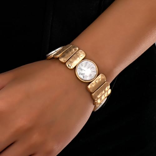 Chunky Hammered Geometric Bangle Bracelets Gold Coin Statement Cuff for Women Boho Elastic Adjustable Statement Bracelet