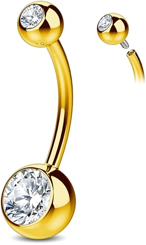 Internally Threaded Belly Button Ring G23 Titanium with Grade AAAAA Cubic Zirconia - 14g Implant Grade Titanium Belly Ring Piercing Jewelry Internal Thread - Bellybutton Rings Navel Jewelry For Women - color: Gold - 12mm