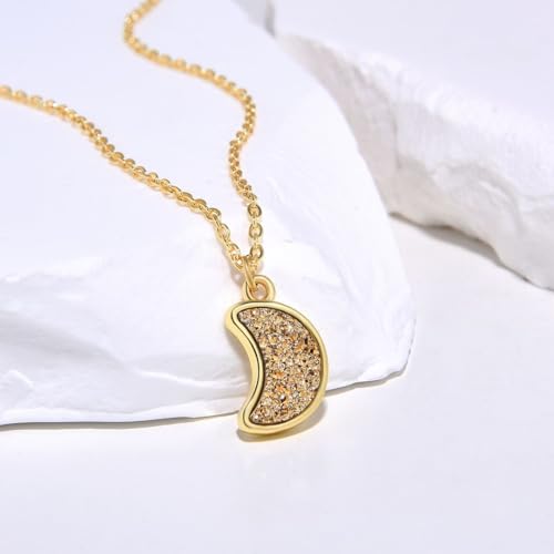 Adabele Natural Druzy Necklace Small Tiny Moon Gemstone Pendant 18 inch Sparkly Agate Stone Crystal Women Jewelry Tarnish Resistant Stainless Steel/Gold Plated Chain - color: Gold druzy - gold plated