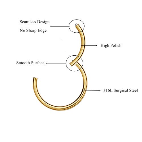 MissNity 316L Surgical Steel Hinged Nose Rings Hoop 20G 18G 16G 14G, Diameter 6mm to 10mm, Color Gold - Rose Gold - Silver - Black - Rainbow - color: A01: gold - 1pc