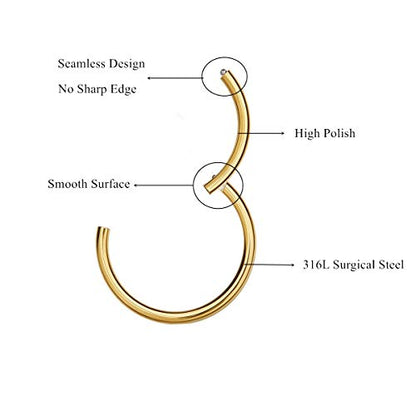 MissNity 316L Surgical Steel Hinged Nose Rings Hoop 20G 18G 16G 14G, Diameter 6mm to 10mm, Color Gold - Rose Gold - Silver - Black - Rainbow - color: A01: gold - 1pc