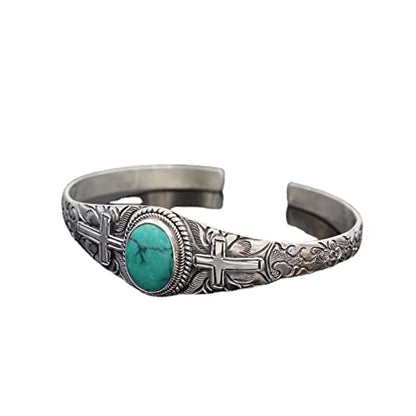 COLORFUL BLING Bohemian Turquoise Engraved Cuff Bracelet Natural Stone Adjustable Wrap Bangle Western Style Gemstone Boho Jewelry for Women - color: Cross