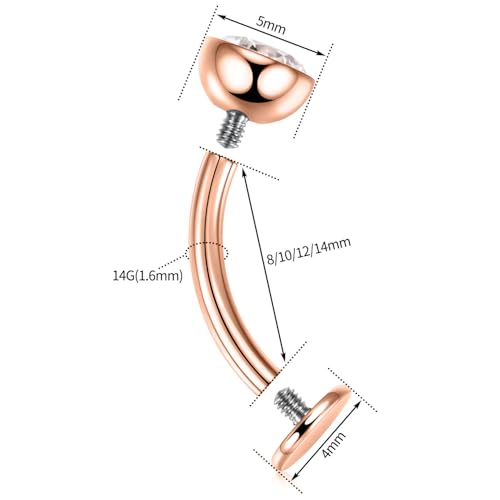 G23 Titanium Belly Jewelry 14G Flat Bottom Floating Belly Button Rings Curved Belly Barbell Navel Ring Belly Piercing 8/10/12/14mm Navel Rings Belly Piercings Jewelry for Women - color: Style1:Rose Gold+Clear CZ