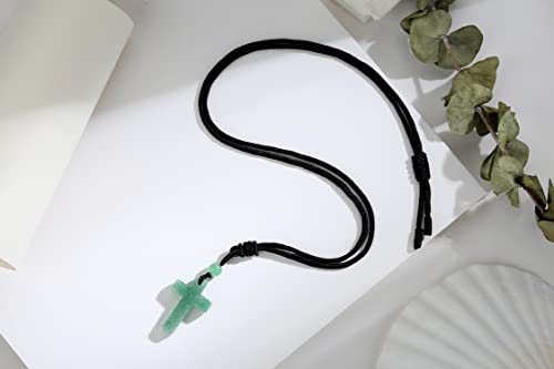 QINJIEJIE Cross Crystal Necklace Adjustable Black Rope Natural Gemstone Quartz Stone Necklaces for Men Women Father's Day Gift - color: Green - aventurine