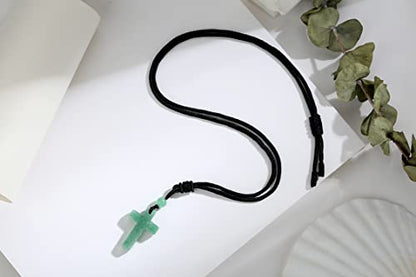 QINJIEJIE Cross Crystal Necklace Adjustable Black Rope Natural Gemstone Quartz Stone Necklaces for Men Women Father's Day Gift - color: Green - aventurine