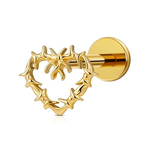 Hollow Heart Piercing Jewelry Collection - ASTM F136 Titanium Internally Threaded Flat Back Stud for Cartilage, Helix, Conch - color: Spiked Heart - Gold