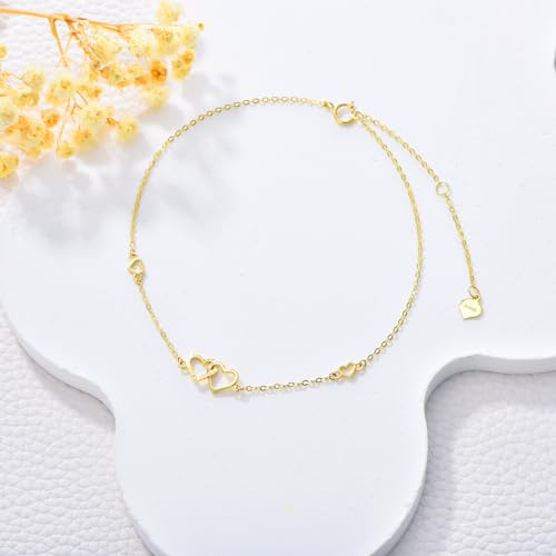 14K Real Gold Heart/Corss Ankle Bracelet for Women Yellow Gold Anklet Love Ankle Bracelet Anniversary Jewelry for Wife Birthday Gifts for Her 8''-10'' - style: Heart-Bracelet（6.5+1+1inch）