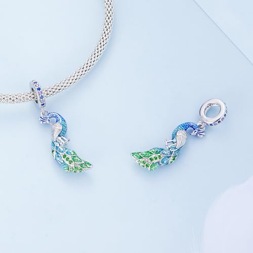 BISAER 925 Sterling Silver Charms for Bracelets Cat Dog Sloth Animal Beads Butterfly Fairy Heart Dangle Pendant Charms - color: Peacock