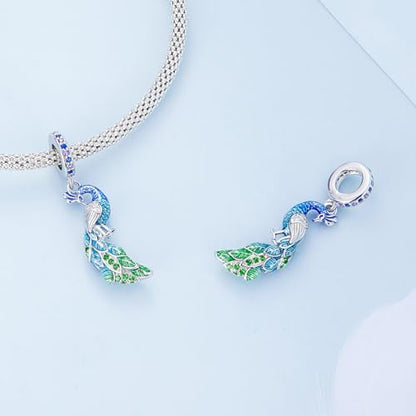 BISAER 925 Sterling Silver Charms for Bracelets Cat Dog Sloth Animal Beads Butterfly Fairy Heart Dangle Pendant Charms - color: Peacock