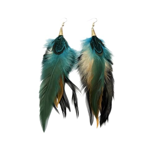 Boho Colorful Feather Dangle Earrings Handmade Beads Taseel Fashion Earrings for Women - color: Peacock Blue