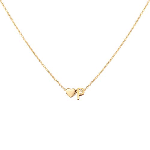 Glimmerst Initial Heart Necklace 18K Gold Plated Stainless Steel Tiny Heart Letter Necklace Personalized Monogram Name Necklace for Women - style: P