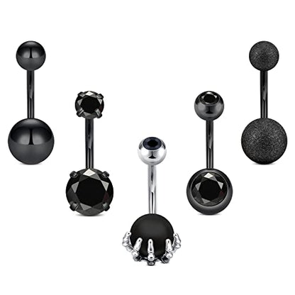 Belly Button Rings Stainless Steel 14G CZ Opal Navel Rings Barbells Women Girls Belly Piercing Jewelry - color: Black Color-Style E: 5 PCS-