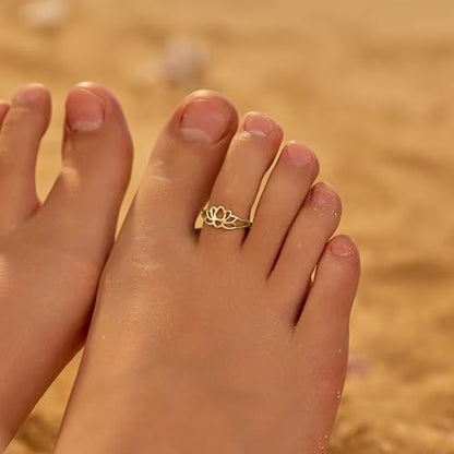 LOVECOM 925 Sterling Silver Lotus Flower Toe Rings for Women | 14K Gold Plated Adjustable Open Heart Toe Ring Flower Toe Ring Summer Beach Foot Birthday Jewelry Gifts for Mom Daughter - color: Gold-Lotus