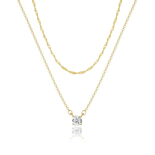 Tewiky Dainty 14k Gold Plated/Silver Cubic Zirconia Necklaces for Women | Simple CZ Jewelry Necklaces Trendy Gifts - color: Gold sterling silver layer CZ